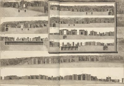 Dwarsdoorsneden die de verschillende aspecten van de gebouwen in het plan van Pompeii laten zien door Francesco Piranesi
