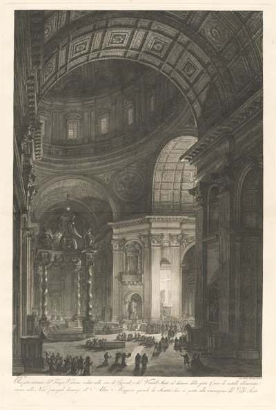 Interieur van de Sint-Pieter, met de verlichting van het kruis van Sint-Pieter door Francesco Piranesi