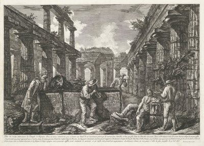 Titelprent met resten van de Tempel van Neptunus te Paestum met titel op blokken door Francesco Piranesi