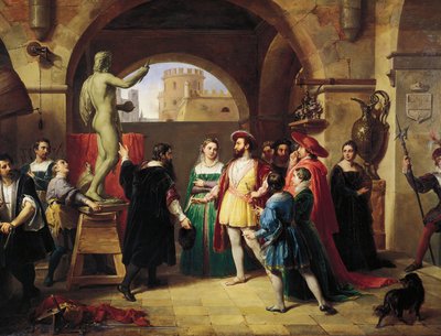 Francesco I (koning van Frankrijk) in het atelier van Benvenuto Cellini door Francesco Podesti