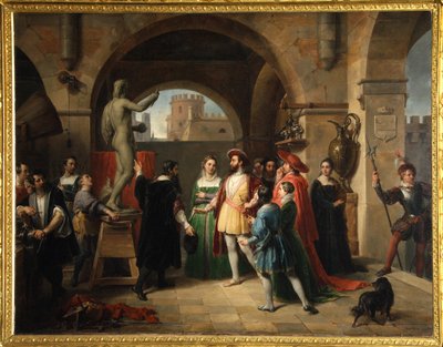 Francis I in het atelier van Benvenuto Cellini door Francesco Podesti