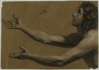 Jonge man kijkt omhoog met uitgestrekte armen (recto); vrouw houdt spiegel vast (verso) door Francesco Podesti