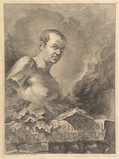 Portret van G.B. Piranesi in imitatie van een antiek borstbeeld, uit Opere varie di Architettura door Francesco Polanzani