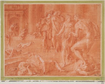 Odysseus befiehlt die Tötung von Penelopes Dienern door Francesco Primaticcio