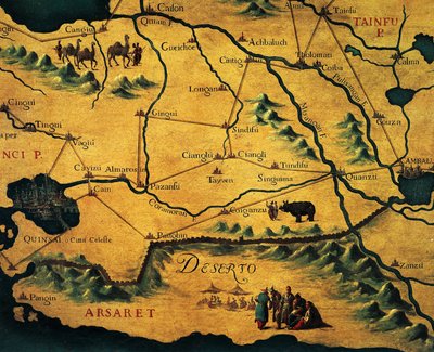 Route van Marco Polo door oostelijke woestijnen, kaart van Tartary door Francesco and Ramusio Giovan Battista Grisellini