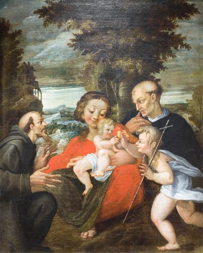 Madonna en kind, St. Johannes, St. Franciscus en een Benedictijnse heilige door Francesco Rondani