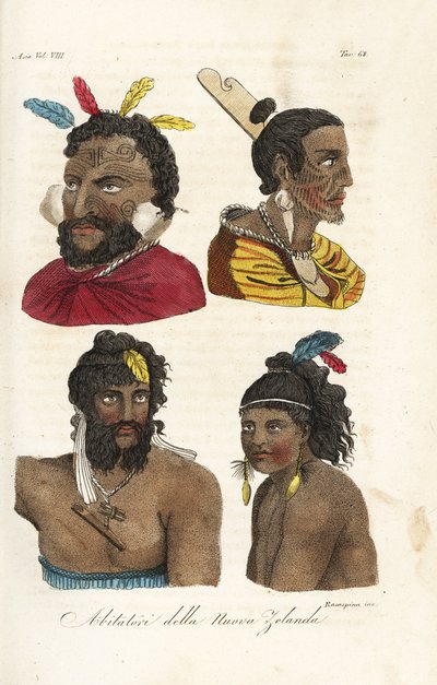 Portretten van Maori krijgers, Nieuw-Zeeland Mannen en jongens met gezichtstatoeages en veren in hun haar door Francesco Rosaspina