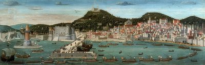 Tavola Strozzi. Uitzicht op Napels, de vloot van de Aragonezen vaart op 12 juli 1465 de haven binnen door Francesco Rosselli