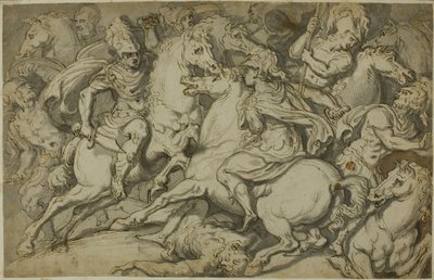 Cavalerie schermutseling (recto); knielende Ecorché (verso) door Francesco Salviati