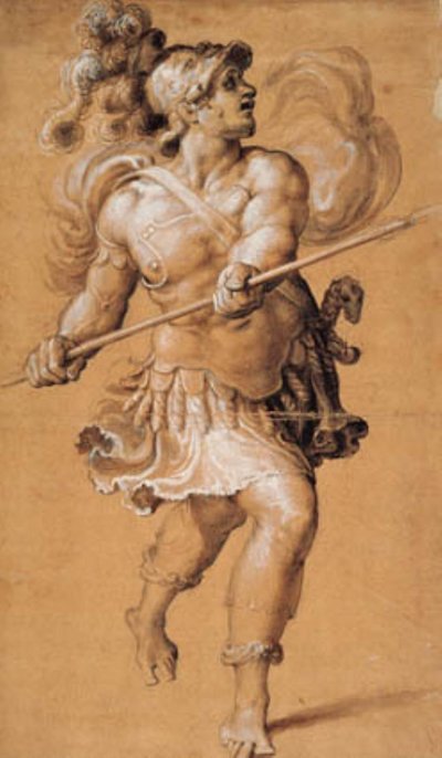 Rennende Romeinse soldaat met een lans door Francesco Salviati