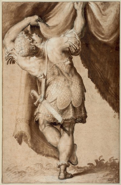 Jonge krijger, van achteren gezien, die een gordijn optilt door Francesco Salviati