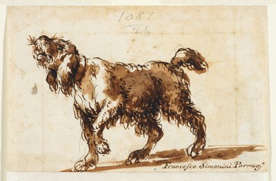 Huilende hond (recto), ca. 1700-50 (zwart krijt, pen & bruine inkt, bruine was, grafiet op papier) door Francesco Simonini