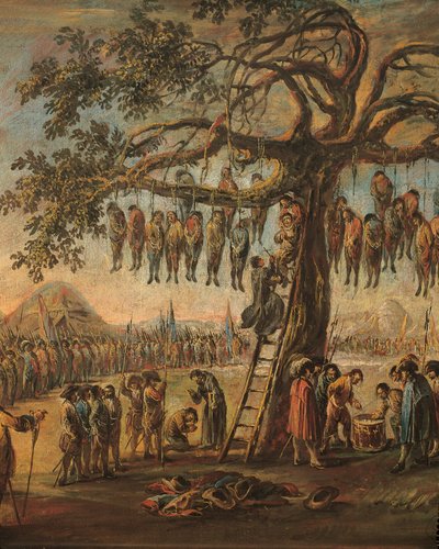 De ellende van de oorlog: de opgehangen mannen, detail door Francesco Simonini