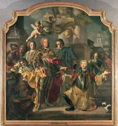 Gundaker Graaf Althann overhandigt aan keizer Karel VI (Karel III van Hongarije) (1685-1740) de inventaris van de keizerlijke schilderijencollectie in de Stallburg door Francesco Solimena