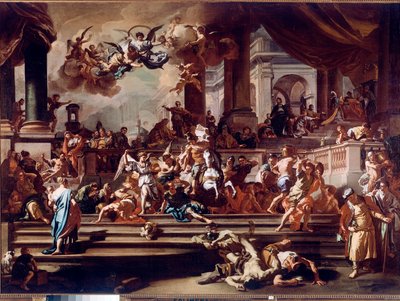 Heliodorus uit de tempel verdreven door de engelen. Schilderij door Francesco Solimena, genaamd l