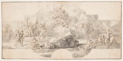 Studie voor schilderij "De landing van Columbus in Amerika," Sala del Minor Consiglio, Palazzo Ducale, Genua, Italië door Francesco Solimena
