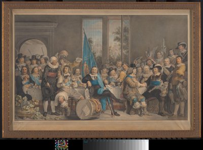 Schuttersmaaltijd in de Voetboog (St. Joris) doelen te Amsterdam, ter viering van het sluiten van de Vrede van Münster, 18 juni 1648 door Francesco Tozelli (signed by artist)