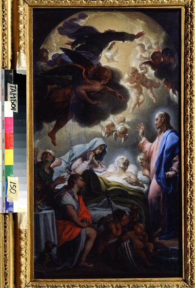 De dood van Jozef. Voorstelling van de Heilige Drie-eenheid: Jezus Christus, God en de duif van de Heilige Geest door Francesco Trevisani