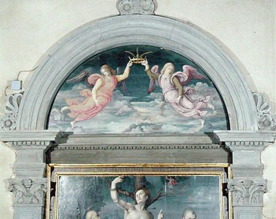 SS. Benedictus, Dominicus en Sebastiaan (detail) door Francesco Ubertini Il Bacchiacca