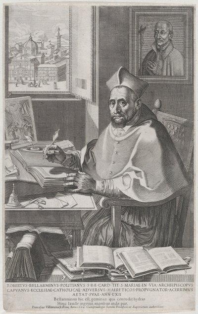 Kardinaal Roberto Bellarmino aan zijn bureau, schrijvend, 1604 door Francesco Villamena