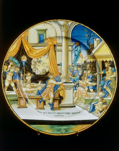 Verleiding van Giuseppe Ebreo, plaat door Francesco Xanto Avelli bewaard in het Museo Nazionale del Bargello, Florence door Francesco Xanto Avelli