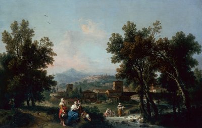 Een bebost landschap met wasvrouwen bij een rivier door Francesco Zuccarelli