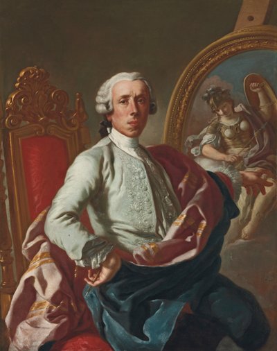 Portret van de kunstenaar, driekwart lengte, zittend, met een potlood, bij een ezel met een afbeelding van Minerva door Francesco de Mura