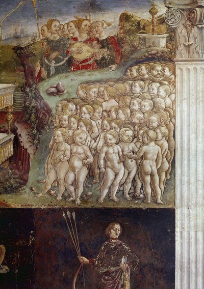 Allegorie van de maand mei, detail van de triomf van Apollo, naakte kinderen en negen muzen detail fresco door Francesco del Cossa, Ferrara, Palazzo Schifanoia, Salone dei Mesi door Francesco del Cossa