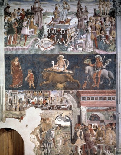 April. Boven: de Triomf van Venus (Aphrodite) met de Drie Gratiën en kussende paren. In het midden: voorstelling van het sterrenbeeld Stier. Onder: Borso d