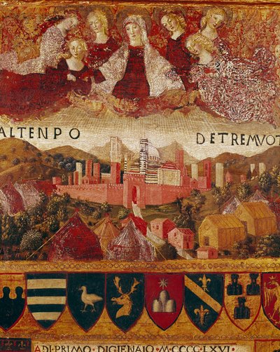 Ex voto: De Maagd Maria beschermt de stad Siena tijdens de aardbevingen van 1466-1467 (detail) door Francesco di Giorgio Martini