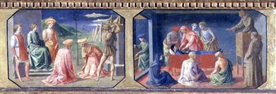 Het martelaarschap van SS. Cosmas en Damian, St. Antonius van Padua vindt het hart van de vrek; twee panelen van de predella van de Madonna en Kind op de Troon door Filippo Lippi door Francesco di Stefano Pesellino