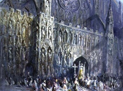 De Westelijke Voorzijde van de Kathedraal van Exeter, met een Religieuze Processie op de Voorgrond door Francis Abel William Taylor Armstrong