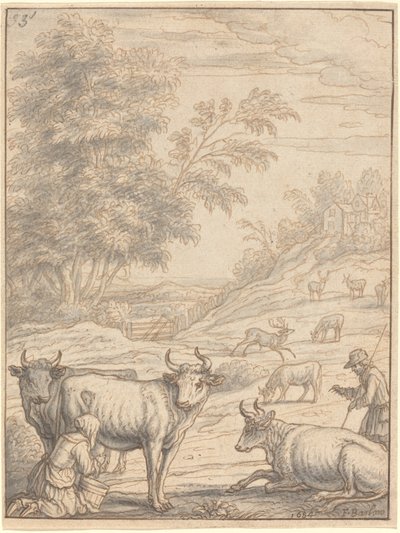 Een weide met vee en herten door Francis Barlow