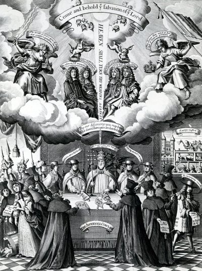 De Gelukkige Instrumenten van de Behoud van Engeland, gepubliceerd door Benjamin Combe na Francis Barlow, april 1681 door Francis Barlow