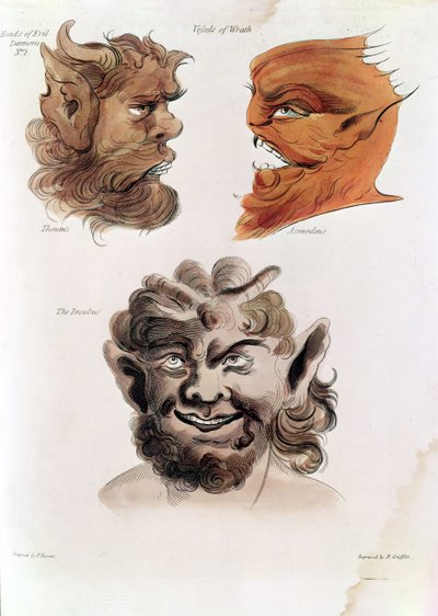 Hoofden van kwade demonen: Theumis, Asmodeus en de Incubus, illustraties uit 
