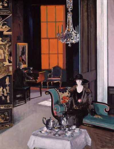 Interieur: Het oranje gordijn, c.1928 door Francis Campbell Boileau Cadell