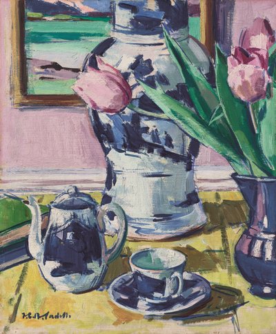Stilleven met tulpen en Iona door Francis Campbell Boileau Cadell
