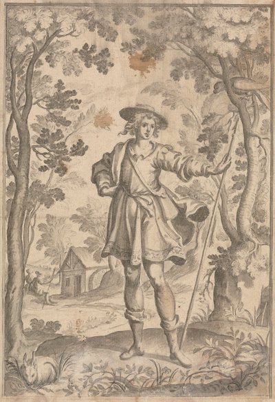 Een jager met een speer in een bosrijke omgeving door Francis Cleyn