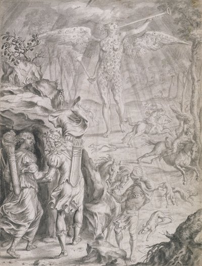 Dido en Aeneas schuilen in een grot door Francis Cleyn
