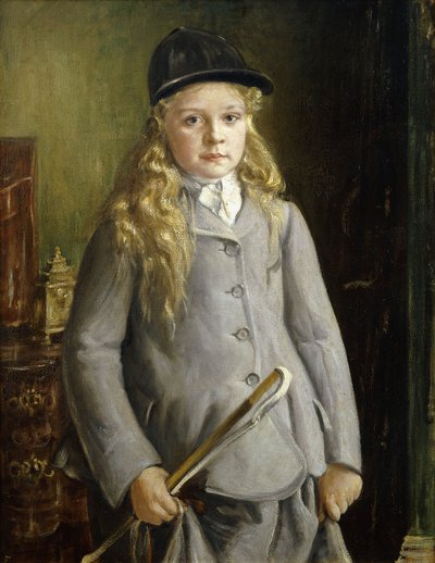 Portret van een Meisje, staand half lengte, in Rijjurk door Francis Dodd