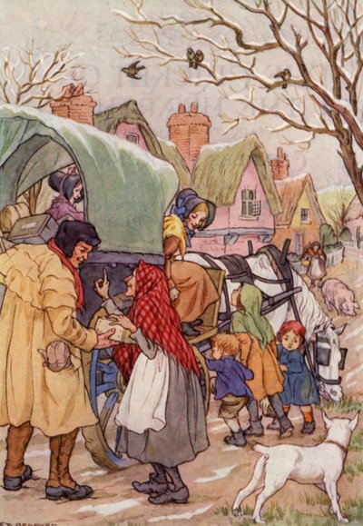 Illustratie voor De krekel op het haardvuur van Charles Dickens (kleurenlitho) door Francis Donkin Bedford