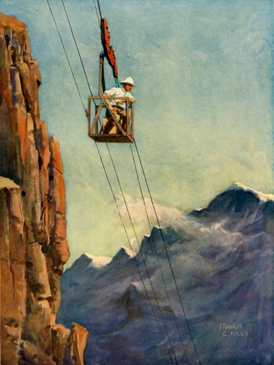 Ingenieurs aan het werk aan een bergkabelbaan door Francis E Hiley