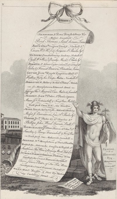 Handelskaart voor diverse beroepen, Birmingham, 1800 door Francis Eginton