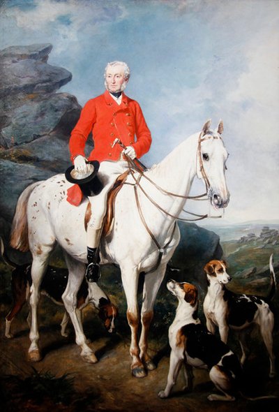 Portret van Charles Trelawny, Esq., Meester van de Dartmoor Hunt, op zijn favoriete jager Grimaldi, met de honden Conqueror, Lounger en Windermere door Francis Grant