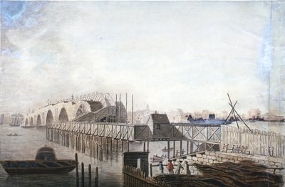 Uitzicht op de Tijdelijke Brug bij Blackfriars, Londen, 1762 door Francis Grose