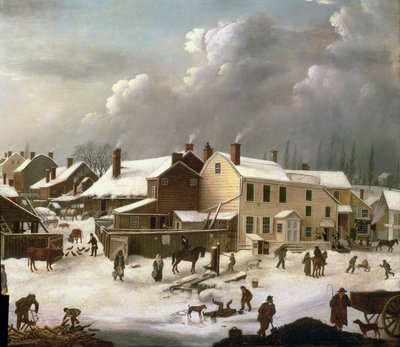 Winters tafereel in Brooklyn, detail van een straat en het postkantoor, c.1817-20 (detail) door Francis Guy