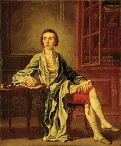 Portret van Joseph Henry van Straffan, Co. Kildare, volledige lengte, zittend aan een tafel en een brief schrijvend, in een blauwe jas, geel vest en rode broek, naast een boekenkast door Francis Hayman