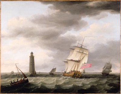 Een oorlogsschip passeert de Eddystone vuurtoren, ca. 1773 door Francis Holman