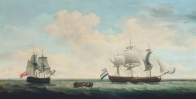Een driemaster en een fregat op open zee door Francis Holman