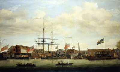 Een kleine scheepswerf aan de Theems, Engeland, met twee boten in aanbouw door Francis Holman